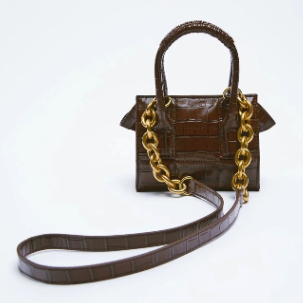 ZARA TINY PURSE CROC BROWN CROSSBODY WITH GOLD CHAIN NEW